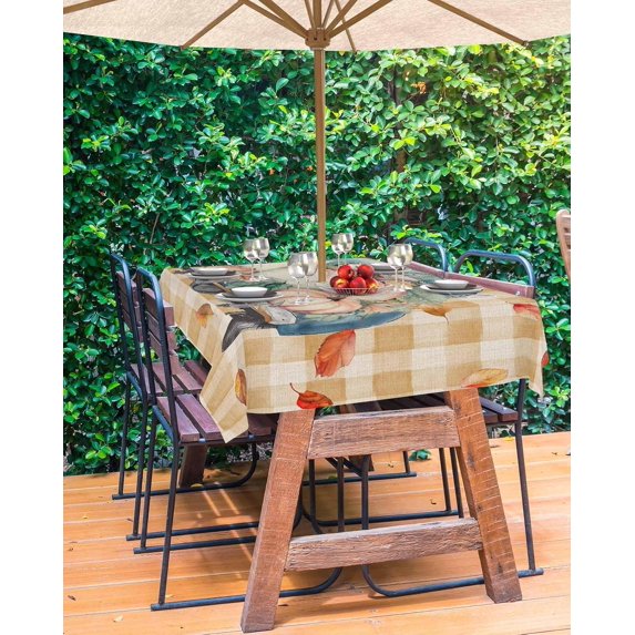 Fall Pumpkins Truck Outdoor Tablecloth - 54 Inch Round Dining Table Cover, Orange Plaid Thanksgiving Rustic Waterproof Outdoor Table Cloth with Umbrella Hole & Zipper for Picnic/Patio/Party