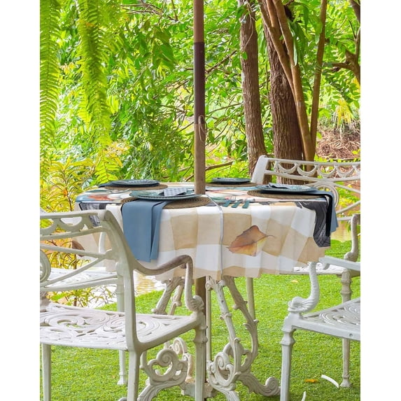 Fall Pumpkins Truck Outdoor Tablecloth - 54 Inch Round Dining Table Cover, Orange Plaid Thanksgiving Rustic Waterproof Outdoor Table Cloth with Umbrella Hole & Zipper for Picnic/Patio/Party