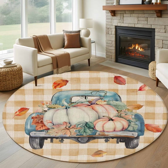 Fall Pumpkins Truck Round Area Rug 5 FT, Non Slip Bedroom Area Rug, Orange Plaid Thanksgiving Rustic Washable Soft Circular Carpet Non-Shedding Floor Mat for Kitchen Dining Room Foyer Balcony Dorm