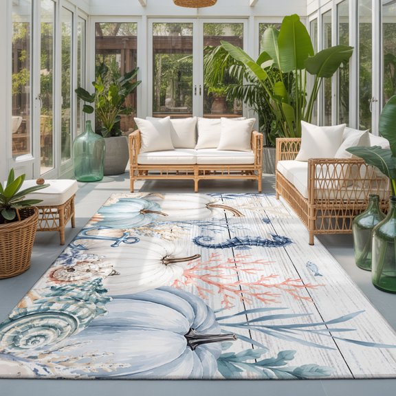 Fall Pumpkins Washable Living Room Rugs 9'x12', Harvest Ocean Seahorse Starfish Shell Coral Wood Grain Washable Throw Large Area Rug Non-Slip Sturdy Edge Binding Carpet for Bedroom Dining Room Office