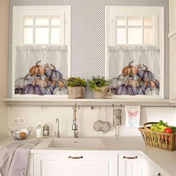 Fall Pumpkins Window Tier Curtains 24 Inch Length, Rustic Autumn Botanical Rod Pocket Kitchen Window Treatments Drapes for Bedroom, Cafe, Living Room, 2 Panels, 27.5 W x 24 L