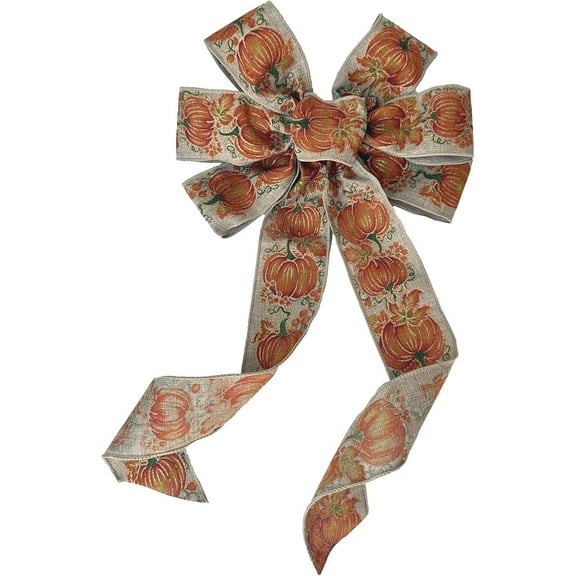 Fall Pumpkins Wreath Bow - 10"x18", Orange, Beige, Tan, Harvest Theme Decor