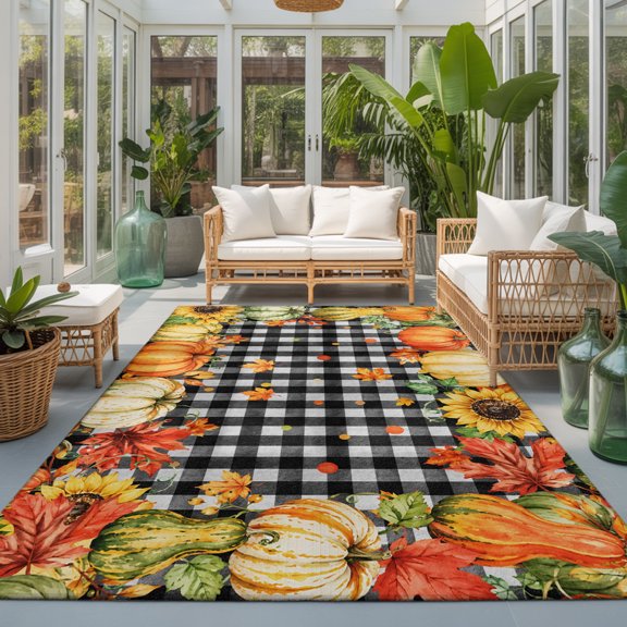 Fall Pumpkins Wreath Washable Area Rugs 3'x5', Country Harvest Maple Leaf Sunflowers Black Plaid Washable Throw Living Room Rug Non-Slip Sturdy Edge Binding Carpet for Indoor Entryway Bedside Kitchen