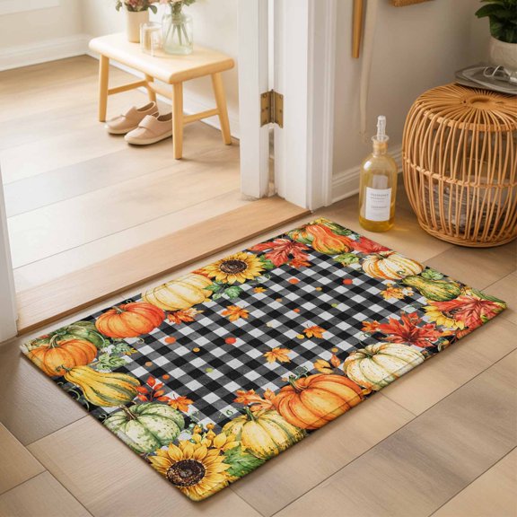 Fall Pumpkins Wreath Washable Small Entryway Area Rugs 2'x3', Country Harvest Maple Leaf Sunflowers Black Plaid Washable Throw Rug Non-Slip Sturdy Edge Binding Carpet for Front Door Floor Room Entry