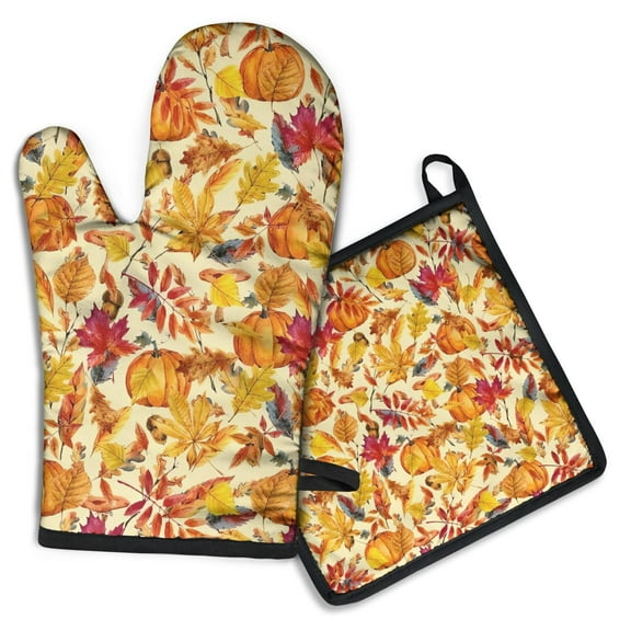 Fall Pumpkins and Autumn Leaves Pattern Kitchen Oven Mitt and Pot Holder Sets 2 Pcs for Baking, Cooking and Grilling, Heat Resistant Up To 392 °F