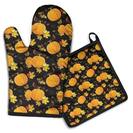 Fall Pumpkins and Autumn Leaves Pattern Kitchen Oven Mitt and Pot Holder Sets 2 Pcs for Baking, Cooking and Grilling, Heat Resistant Up To 392 °F