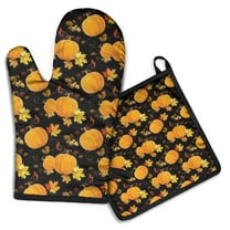 Fall Pumpkins and Autumn Leaves Pattern Kitchen Oven Mitt and Pot Holder Sets 2 Pcs for Baking, Cooking and Grilling, Heat Resistant Up To 392 °F