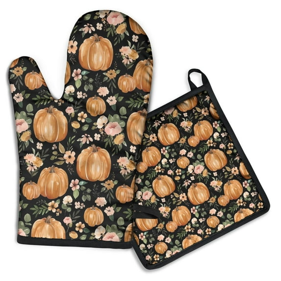 Fall Pumpkins and Flowers Pattern Kitchen Oven Mitt and Pot Holder Sets 2 Pcs for Baking, Cooking and Grilling, Heat Resistant Up To 392 °F