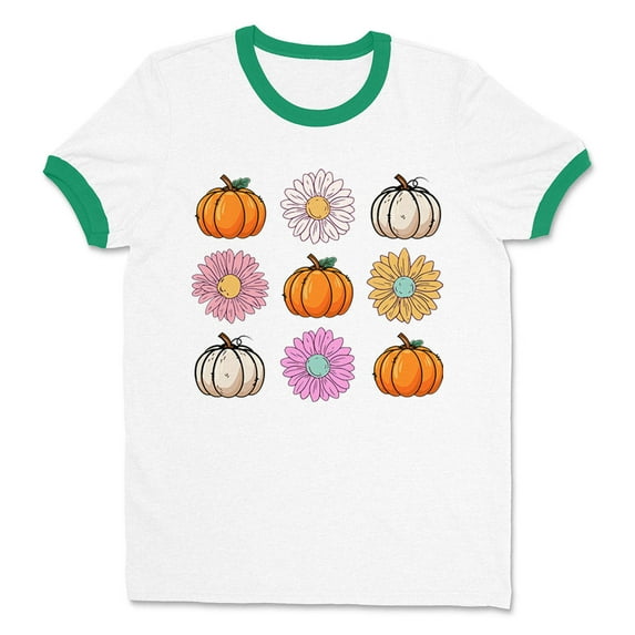 Fall Pumpkins and Flowers Ringer Tee Shirt Unisex X-Large White/Kelly Green
