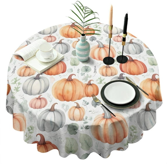 Fall Pumpkins and Leaves Pattern Round Tablecloth 60" X 60",Wrinkle Wipeable Table Cloth for Kitchen Dining Room Picnic Patio Party