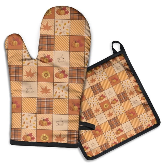 Fall Pumpkins and Sunflower Pattern Kitchen Oven Mitt and Pot Holder Sets 2 Pcs for Baking, Cooking and Grilling, Heat Resistant Up To 392 °F