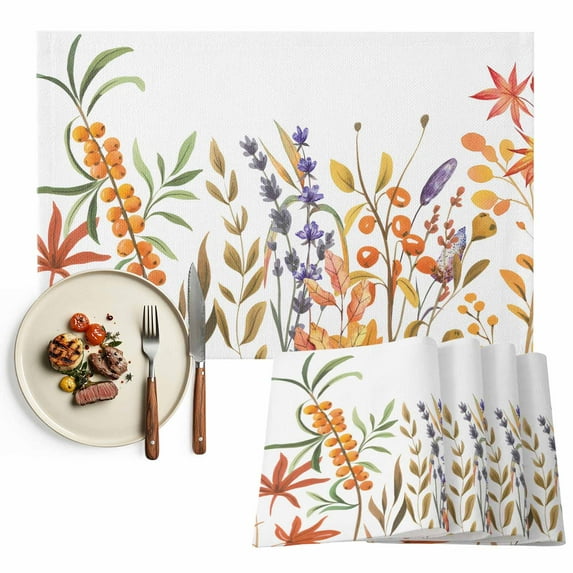 Fall Purple Flower Placemats Set of 1 Orange Yellow Leaf Pastoral Plant Heat Insulated Linen Place Mats, Washable Stain-Proof Table Mats for Dining Tables Holiday Decor 13x19inch