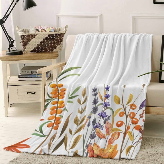 Fall Purple Flower Throw Flannel Blanket 60x80In Orange Yellow Leaf Pastoral Plant Super Soft Cozy Bed Blanket, Lightweight Plush Fuzzy Bed Throw for Bedroom Sofa Couch Living Room