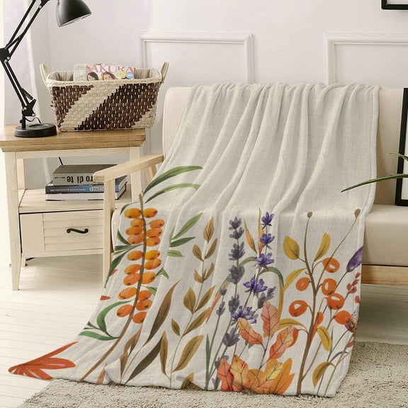 Fall Purple Flower Throw Flannel Blanket 60x80In Orange Yellow Leaf Pastoral Plant Vintage Super Soft Cozy Bed Blanket, Lightweight Plush Fuzzy Bed Throw for Bedroom Sofa Couch Living Room