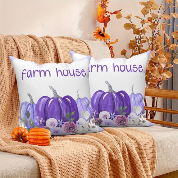 Fall Purple Pumpkins Throw Pillow Covers 18x18 Set of 2,Farmhouse Linen Pillow Cases for Bedroom Sofa Couch
