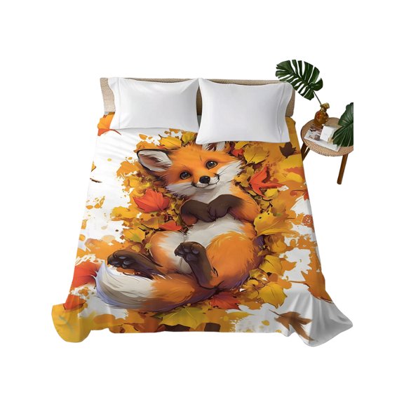 Fall Queen Flat Sheet Fox Lying in Maple Leaves Flat Sheets Only Soft Microfiber Bedding Top Sheets Luxury Hotel Quality Orange Plant Thanksgiving Queen Bed Sheet for All Season Bedroom Dorm