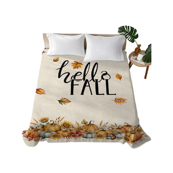 Fall Queen Flat Sheet Hello Fall Pumpkin Flat Sheets Only Soft Microfiber Bedding Top Sheets Luxury Hotel Quality Sunflower Fallen Maple Leaf Linen Thanksgiving Queen Bed Sheet for Bedroom