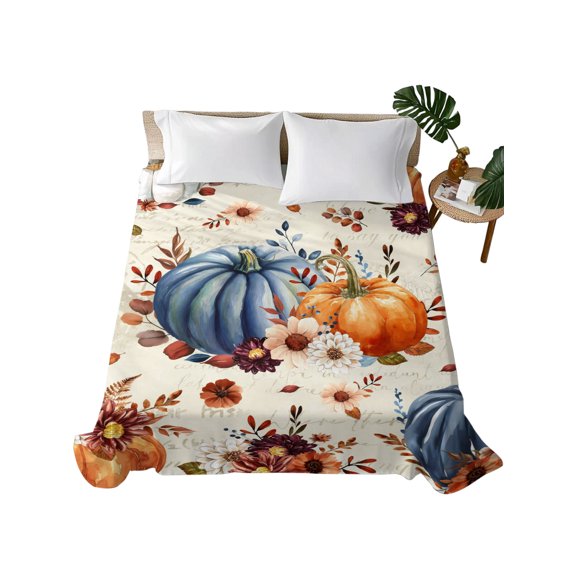 Fall Queen Flat Sheet Orange Blue Pumpkin Flat Sheets Only Soft Microfiber Bedding Top Sheets Luxury Hotel Quality Autumn Leaves Floral Thanksgiving Queen Bed Sheet for All Season Bedroom Dorm