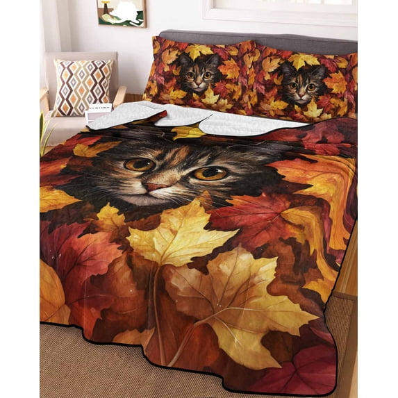 Fall Queen Size Down Alternative Comforter, Lightweight Comforter Quilt Bedding Set with Pillow Shams Thanksgiving Rustic Cat Orange Red Maple Leaf All Seasons Bed Comforter Duvet Insert 90"x96"