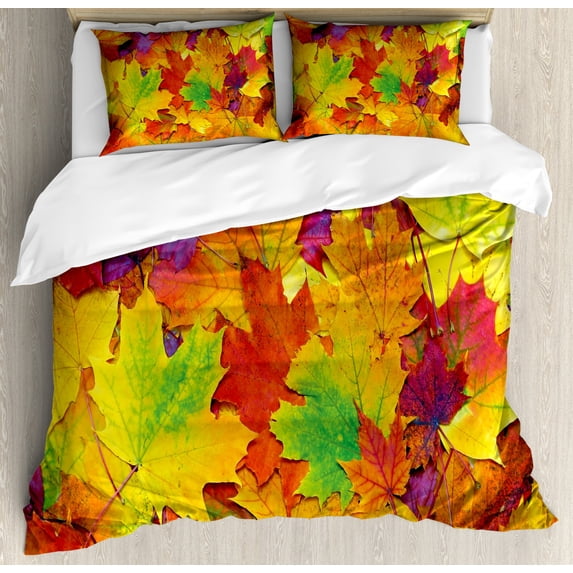 Fall Queen Size Duvet Cover Set, Different Colored Vibrant Many Autumn Maple Leaves Nature in November Scenery Photo, Decorative 3 Piece Bedding Set with 2 Pillow Shams, Yellow Purple, by Ambesonne