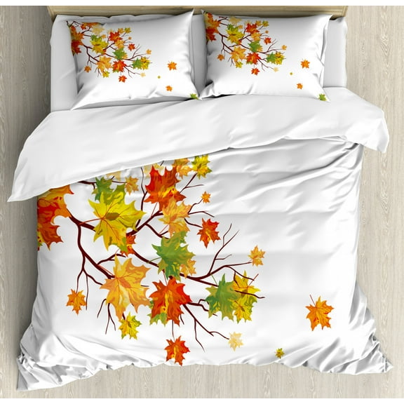 Fall Queen Size Duvet Cover Set, Fall Image with Canadian Maple Leaves Botanical Foliage Nature Warm to Cold Effects, Decorative 3 Piece Bedding Set with 2 Pillow Shams, Yellow Orange, by Ambesonne