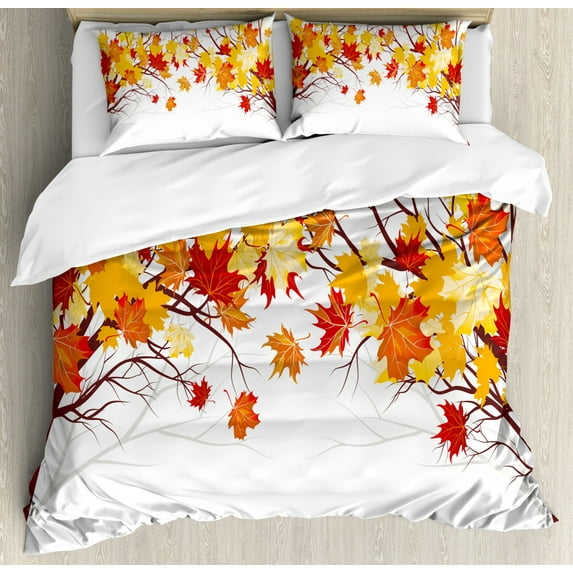 Fall Queen Size Duvet Cover Set, Image of Canadian Maple Tree Leaves in Autumn Season with Soft Reflection Effects, Decorative 3 Piece Bedding Set with 2 Pillow Shams, Orange White, by Ambesonne