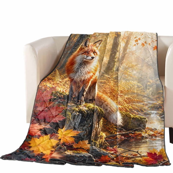 Fall Quilted Comforters Cooling Blanket California King Size, Red Fox Orange Maple Leaves Forest Creek Amber Gold Sunbeam Cold Comfort for Hot Sleepers Air Conditioning Quilt Blanket for Bed
