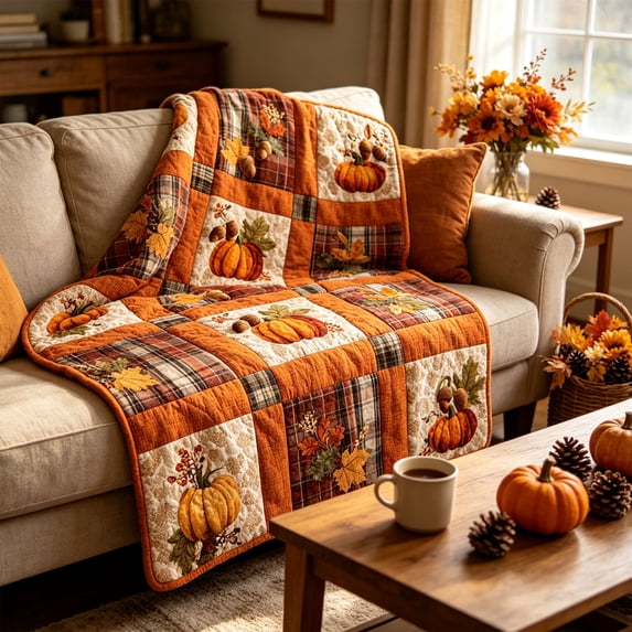 Fall Quilted Throw Blankets, Pumpkin Maple Leaf Flannel Throw Blanket, Vintage Patchwork Plaid Blanket, Soft Throw for Sofa Couch Bed Thanksgiving Harvest Home Decor,L