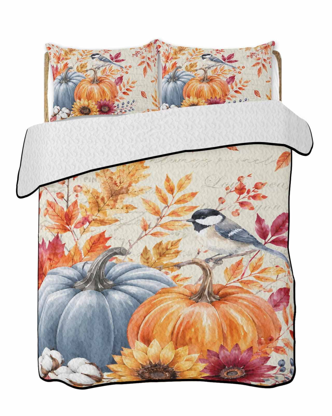 Fall Quilts Bedding Set King Size Harvest Orange Blue Pumpkins Maple Leaf Sunflower Bird Retro Lightweight Quilted Bedspread 3 Piece Bed Quilt with 2 Pillow Shams All Season for Bedroom 90" x 96"