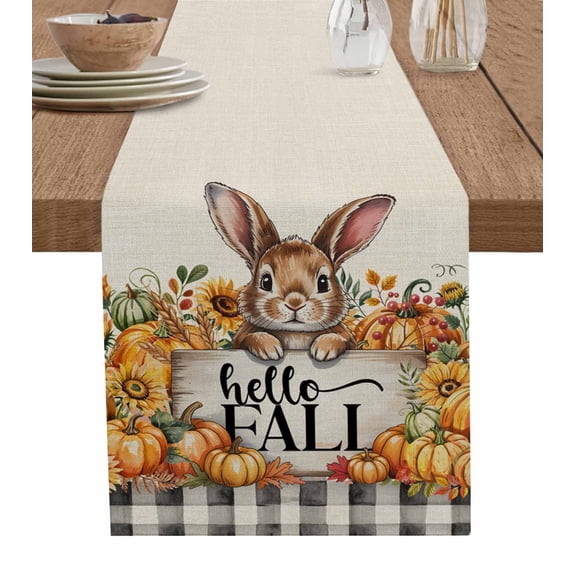 Fall Rabbit Pumpkins Burlap Cotton Table Runner 13x36 Inches Short, Thanksgiving Sunflowers Vintage Plaid Farmhouse Table Runners, Outdoor Dining Tablecloths Decor for Baby Shower/Party/Wedding