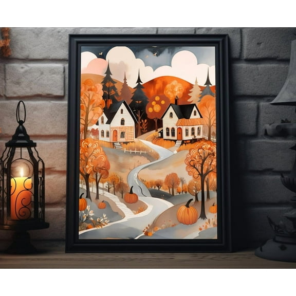 Fall Rabbit Woodcut Folk Art Poster Pumpkin Seasonal Scene For Autumn Home Decor Wall Decor Art