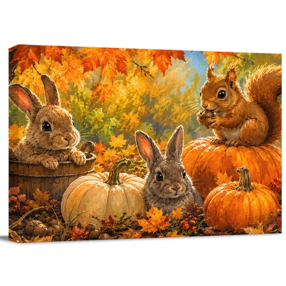 Fall Rabbits Canvas Print Wall Art, Country Pastoral Forest Orange Red Maple Leaf Pumpkin Wall Decor Modern Artwork Paintings Pictures for Living Room Framed Ready to Hang - 24" x 32"