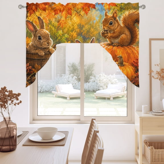 Fall Rabbits Swag Valance for Windows, Country Pastoral Forest Orange Red Maple Leaf Pumpkin Swag Curtains Valances for Small Window Treatment Rod Pocket for Kitchen Bathroom 1 Panel 56x36in
