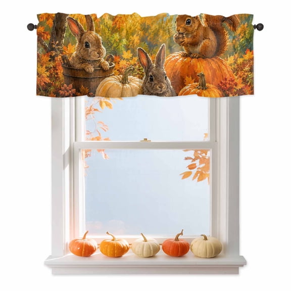Fall Rabbits Valances for Windows, Country Pastoral Forest Orange Red Maple Leaf Pumpkin Rod Pocket Valance Short Window Treatments Curtains for Kitchen Bathroom Bedroom Decor, 42 x 12 Inches