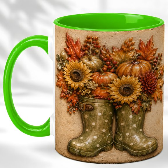 Fall Rain Boots Coffee Mug, Autumn Floral Mug, Ceramic Cup