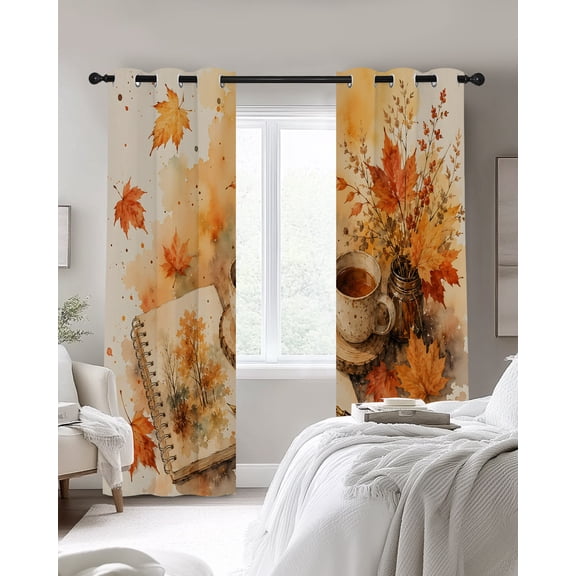 Fall Read Blackout Curtains 2 Panels, Reading Corner Open Sketch Book Maple LeafIndoor Vibe Thermal Insulated Grommet Window Curtains for Bedroom Living Room 42"x45"