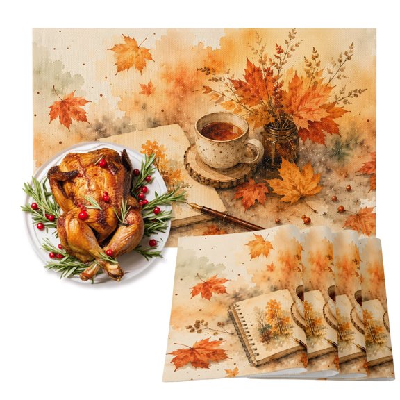 Fall Read Cotton Linen Placemats Set of 1, Reading Corner Open Sketch Book Maple LeafIndoor Vibe Washable Table Place Mats Heat Insulating Placemat for Dining Room Kitchen Daily Use 13 x 19 Inch