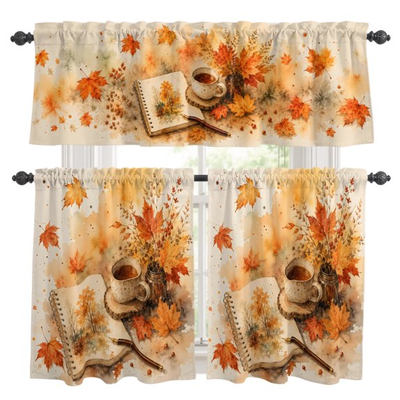 Fall Read Kitchen Curtains and Valances Set, Reading Corner Open Sketch Book Maple LeafIndoor Vibe Rod Pocket Window Valance Window Curtain Panels for Living Room Bedroom Laundry, 27.5x36in, 3 Pieces