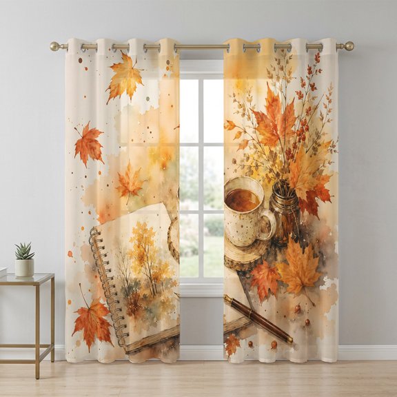 Fall Read Sheer Curtains 96 Inch Long 2 Panels, Reading Corner Open Sketch Book Maple LeafIndoor Vibe Light Filtering Semi Sheer Drapes Grommet Voile Window Curtain for Living Bedroom W52 x L96