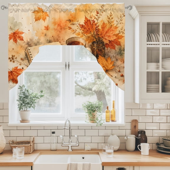 Fall Read Swag Curtain Valance for Windows, Reading Corner Open Sketch Book Maple LeafIndoor Vibe Swag Curtains Drapes Rod Pocket for Kitchen Bathroom Small Window, 1 Panel 56x36in