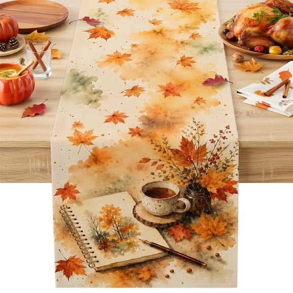 Fall Read Table Runner, Reading Corner Open Sketch Book Maple LeafIndoor Vibe Cotton Linen Kitchen Table Decoration Washable Dining Tabletop Runners for Home Party Decor 13x36 Inches