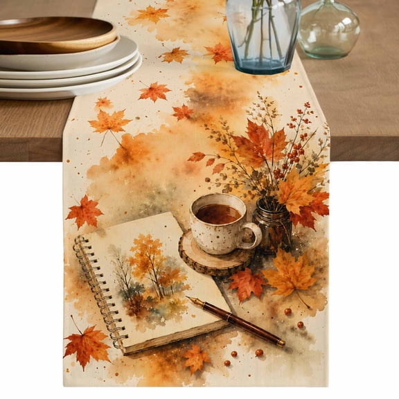 Fall Read Table Runner, Reading Corner Open Sketch Book Maple LeafIndoor Vibe Cotton Linen Table Cloth, Tablerunner for Kitchen Dining Party Wedding Home Decor 13x36 Inch