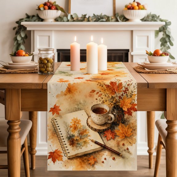 Fall Read Table Runner, Reading Corner Open Sketch Book Maple LeafIndoor Vibe Washable Cotton-linen Table Runners Dining Kitchen Decoration for Everyday Home Wedding Party Decor, 18 x72 Inch