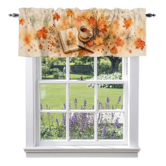 Fall Read Valances for Windows, Reading Corner Open Sketch Book Maple LeafIndoor Vibe Rod Pocket Valance Short Window Treatments Curtains for Kitchen Bathroom Bedroom Decor, 42 x 12 Inches