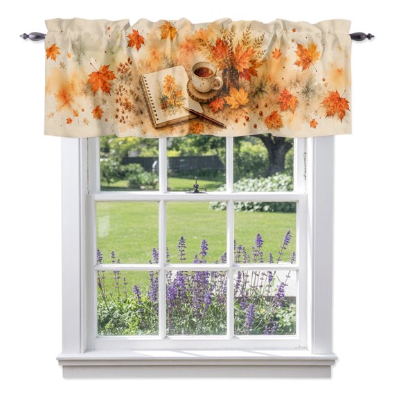 Fall Read Valances for Windows, Reading Corner Open Sketch Book Maple LeafIndoor Vibe Rod Pocket Valance Short Window Treatments Curtains for Kitchen Bathroom Bedroom Decor, 54 x 18 Inches