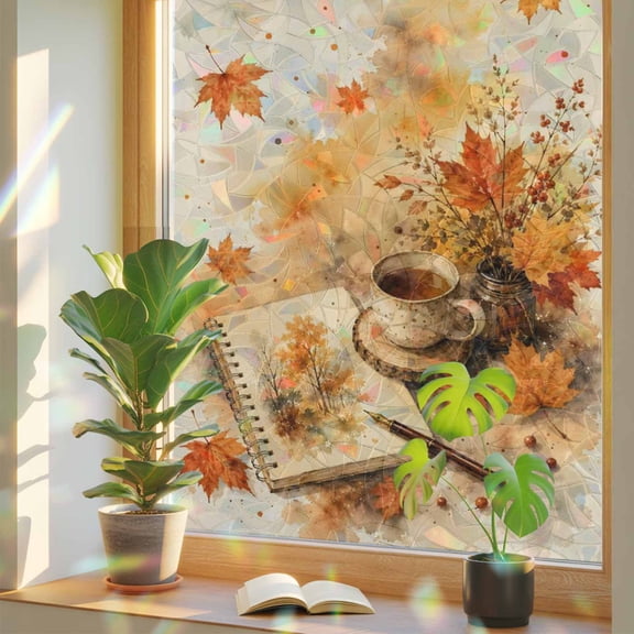 Fall Read Window Privacy Film, Reading Corner Open Sketch Book Maple LeafIndoor Vibe Stained Glass Rainbow Film Decorative Window Clings, Static Cling Sun Blocking Stickers 23.6" x 59"