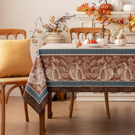 Fall Rectangle Tablecloth 60 x 120 Inch, Thanksgiving Autumn Harvest Pumpkin Table Cloth, Stain Resistant Washable Table Cover for Dining, Party, Holiday Decor - Rust and Beige