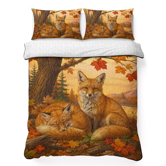 Fall Red Fox 3 Piece Quilt Bedding Set with 2 Pillow Shams, Rustic Red Yellow Maple Tree Fallen Leaves Wildlife Lightweight Bedspread Coverlet, Soft Breathable All Season Quilt, 96 x 106 Inch