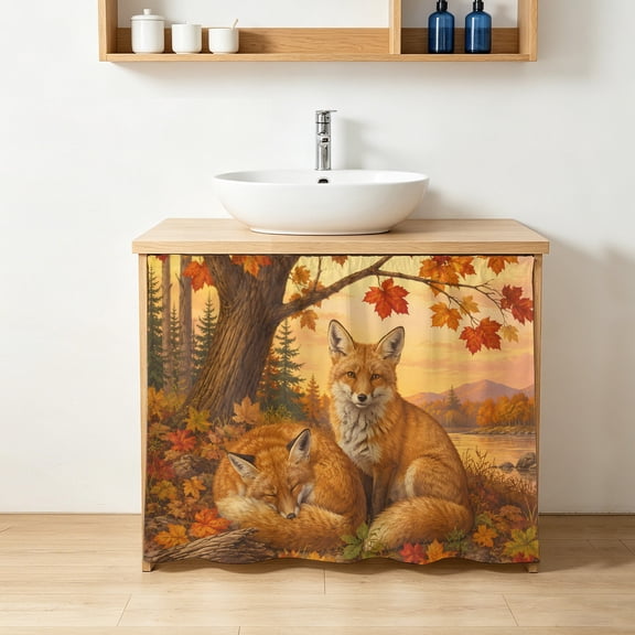 Fall Red Fox Cabinet Curtains 10" W x 11" L, Rustic Red Yellow Maple Tree Fallen Leaves Wildlife Under-Desk Privacy Dust Proof Drape Dishwasher Curtain Sink Skirt for Kitchen Closet Bathroom Laundry