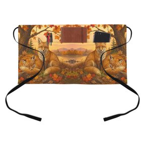Fall Red Fox Kitchen Restaurant Half Waist Apron, Rustic Red Yellow Maple Tree Fallen Leaves Wildlife Server Short Apron with 3 Pockets Waterproof Oil Waist Aprons for Women Waitress Waiter